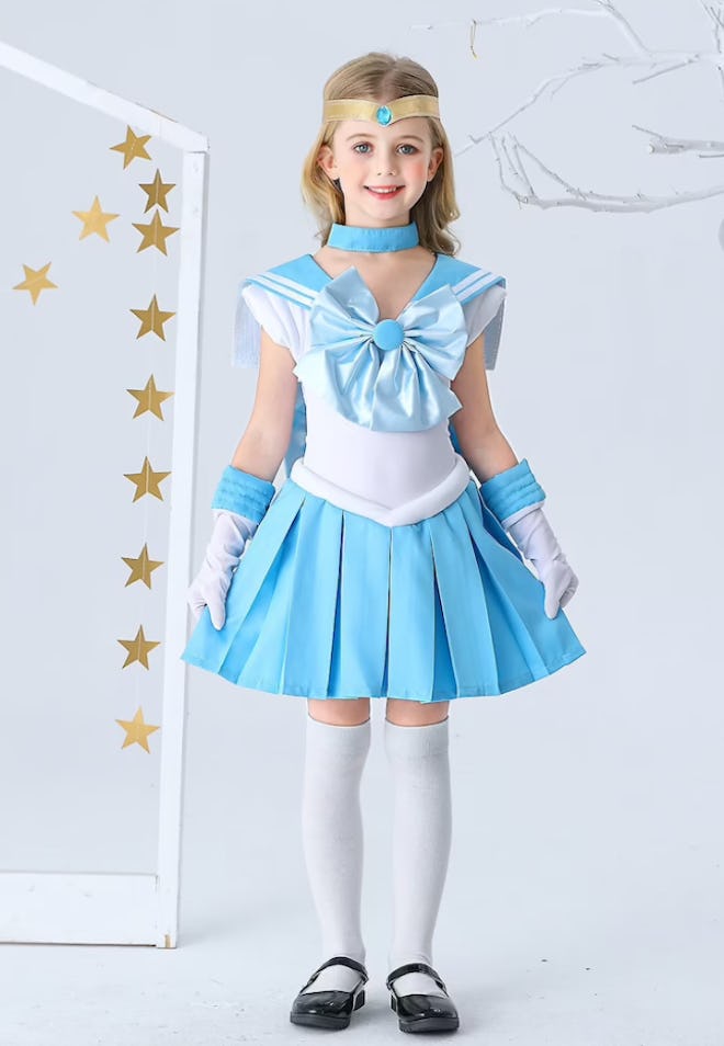 Little girl posing in Sailor Mercury costume