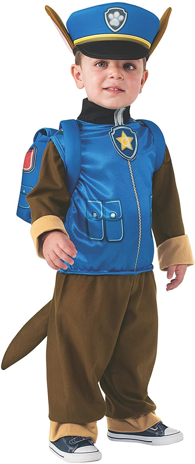 Toddler wearing a Chase costume from "Paw Patrol"
