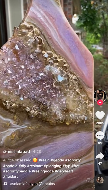 A sorority sister shows off a geode paddle idea on TikTok. 