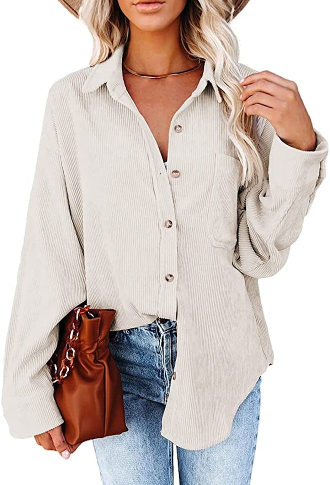 Astylish Corduroy Long Sleeve Button Down Blouse