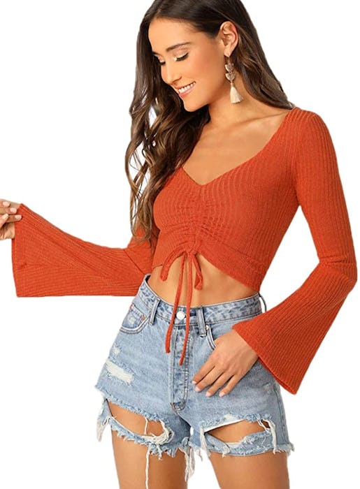 SweatyRocks Adjustable Drawstring String Long Bell Sleeve Crop Top