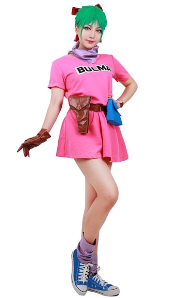 Woman standing, posing in Bulma costume