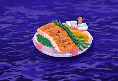 A man on a life raft in the sea with vegetables and other nutrients