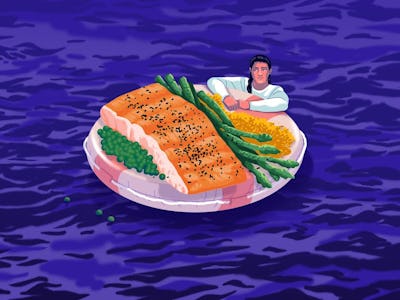 A man on a life raft in the sea with vegetables and other nutrients