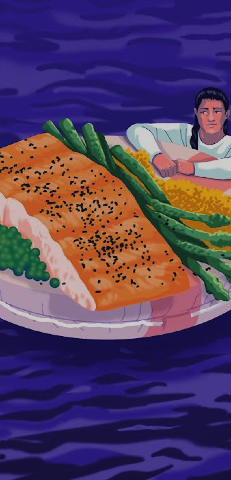 A man on a life raft in the sea with vegetables and other nutrients