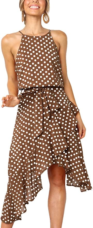 ECOWISH Polka-Dot Tie Waist Midi Dress