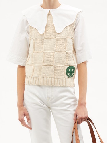 Sleeveless Checkerboard-Knit Cotton-Blend Sweater