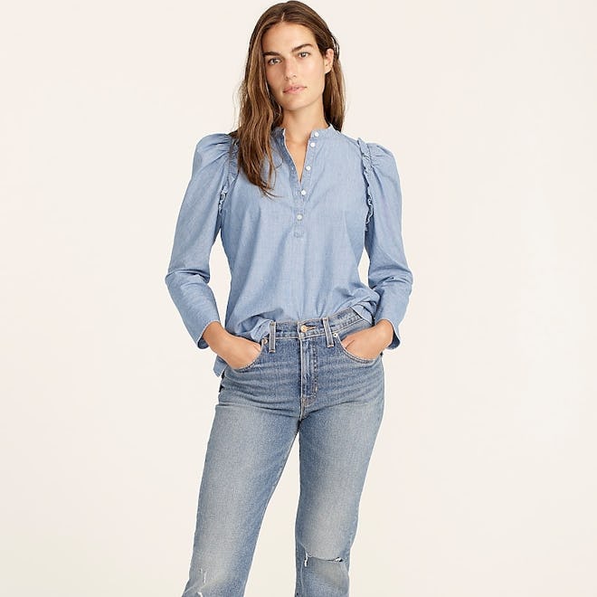 Puff-Sleeve Chambray Top