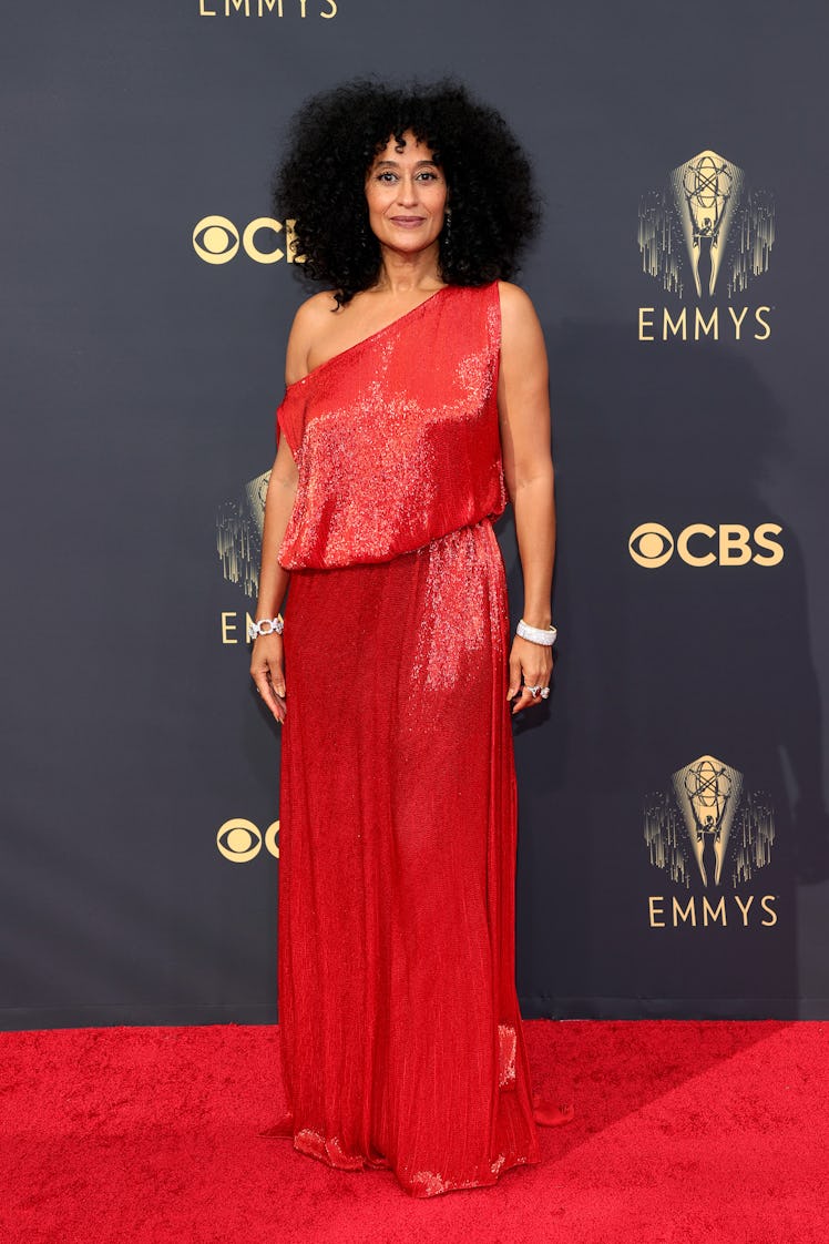 Tracee Ellis Ross in a red shimmery Valentino jumpsuit at the Emmys 2021