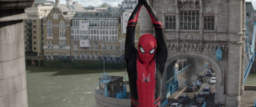 Spider-Man swings through old buildings in 'Spider-Man: Far From Home.'