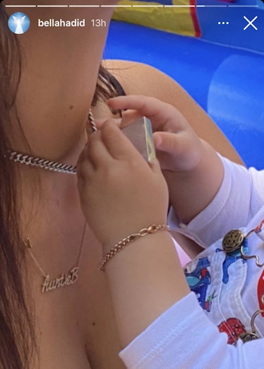 Bella Hadid's "Auntie B" necklace. 