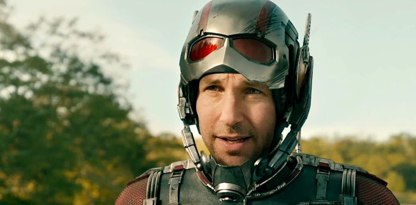 A still from 'Ant-Man,' with Paul Rudd in his suit with the visor up. 