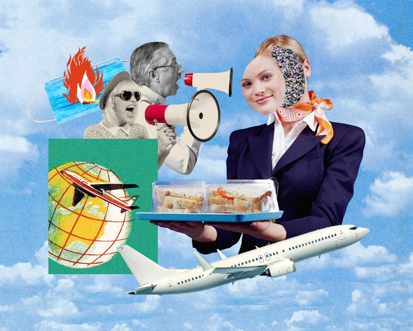 Collage of a flight attendant, people with megaphones, map, and a plane