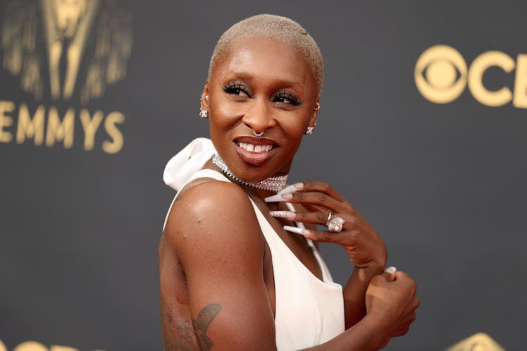 Cynthia Erivo with coffin-tipped nails complimenting her Roberto Coin choker and Louis Vuitton gown.