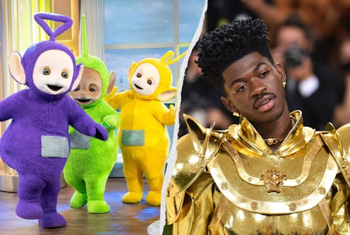 The Teletubbies on This Morning / Lil Nas X at the 2021 met gala wearing a gold suit of armour