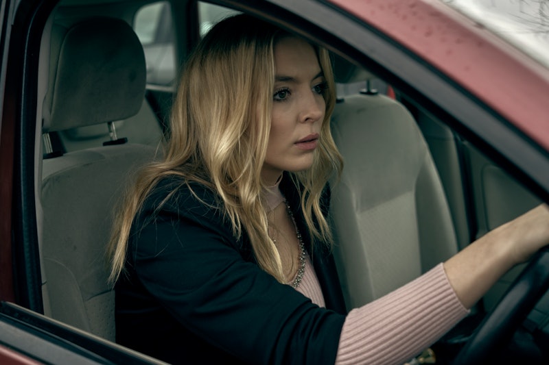 Jodie Comer sits in a car in a still from Channel 4's Help