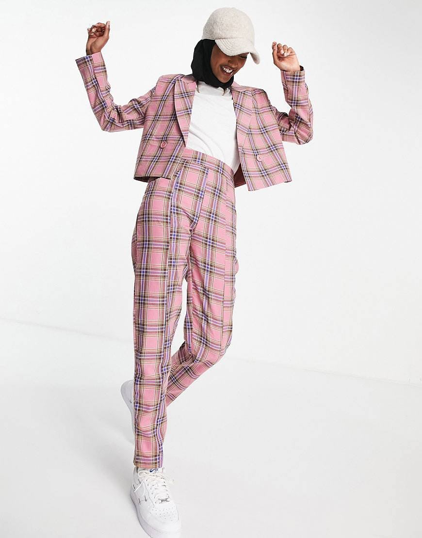 pink plaid blazer and skirt set