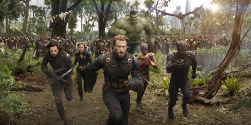 A still from 'Avengers: Infinity War,' with Captain America leading several Avengers against Thanos'...
