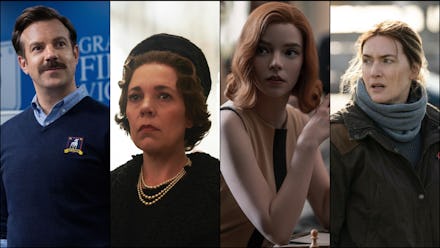 A four-part collage with characters from Ted Lasso, The Crown, The Queen's Gambit, and The Reader