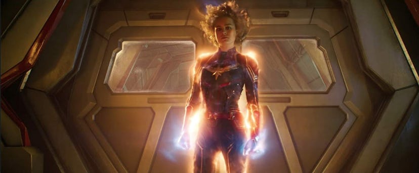 A still from 'Captain Marvel' with Captain Marvel glowing and fully embracing her powers.