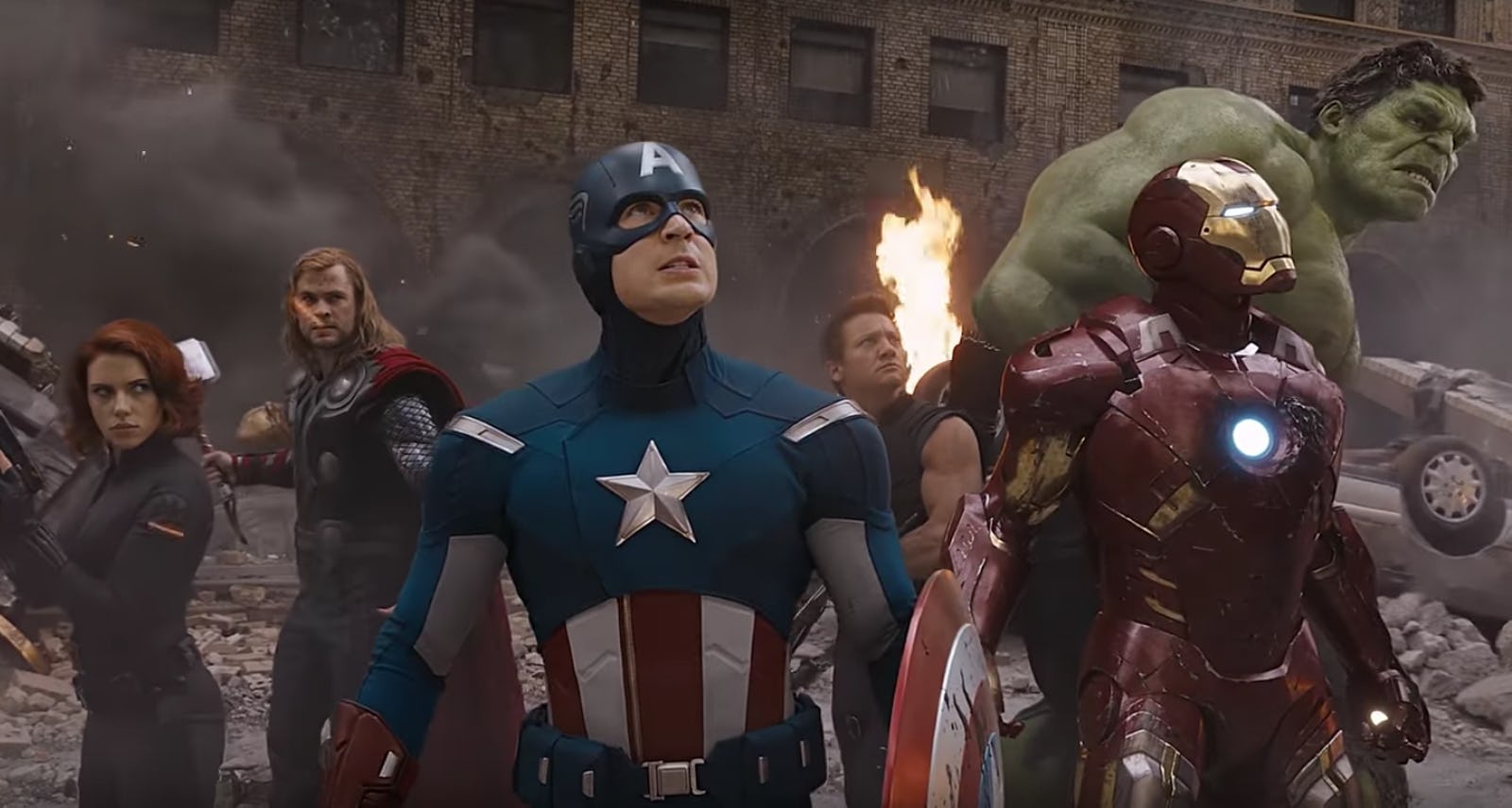 A still from &lsquo;The Avengers,&rsquo; with Black Widow, Thor, Captain America, Hawkeye, Iron Man, and Hulk st&hellip;