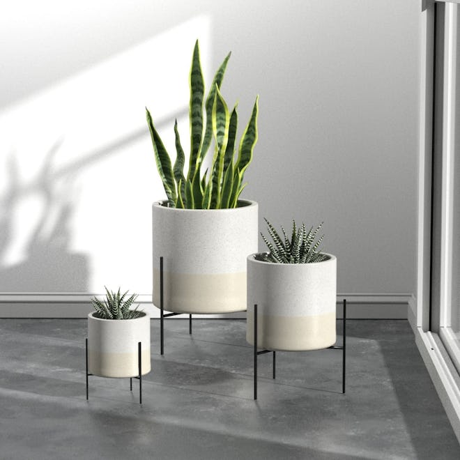 Rivet Mid-Century Ceramic Planter With Stand, 14 Inches