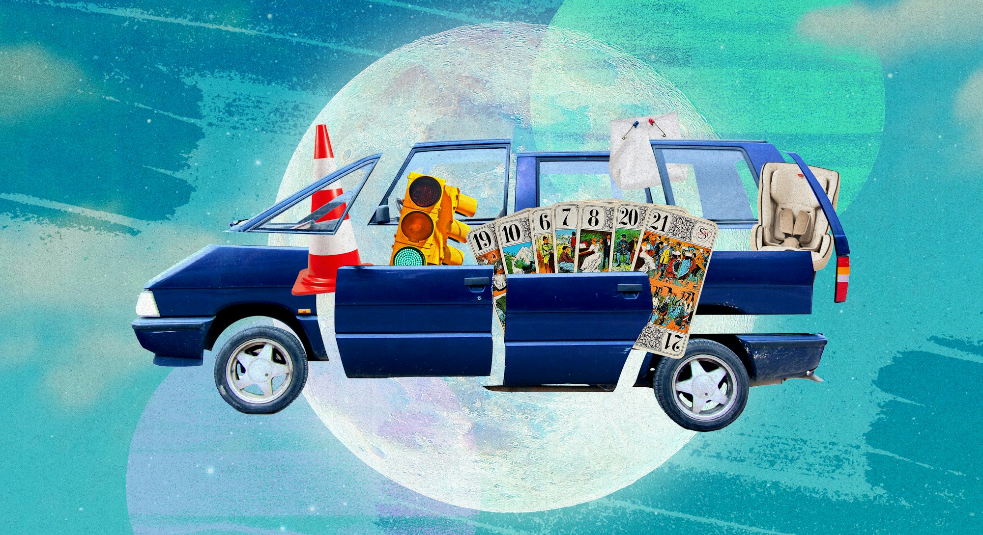 Collage of blue van part, an orange can, traffic light, cards, and a baby car seat