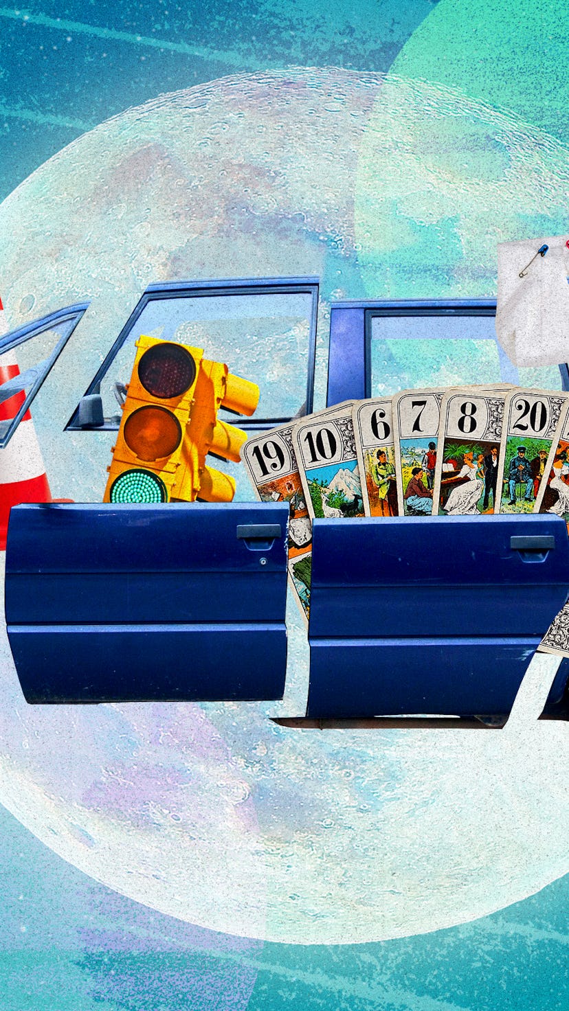 Collage of blue van part, an orange can, traffic light, cards, and a baby car seat