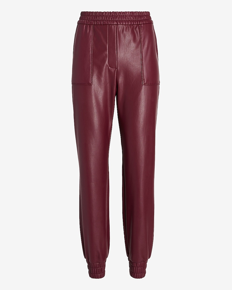 Express, High Waisted Vegan Leather Jogger Pant in Deep Burgundy