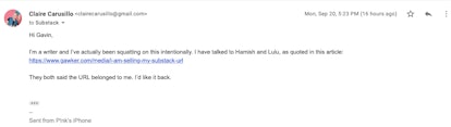 Email to Gavin saying I've been squatting intentionally