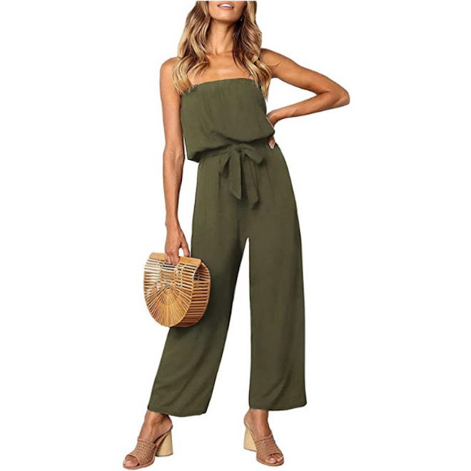 ZESICA Strapless Belted Wide Leg Jumpsuit