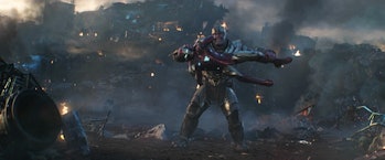 Thanos (Josh Brolin) uses Iron Man (Robert Downey Jr.) as his own personal shield in Avengers: Endga...