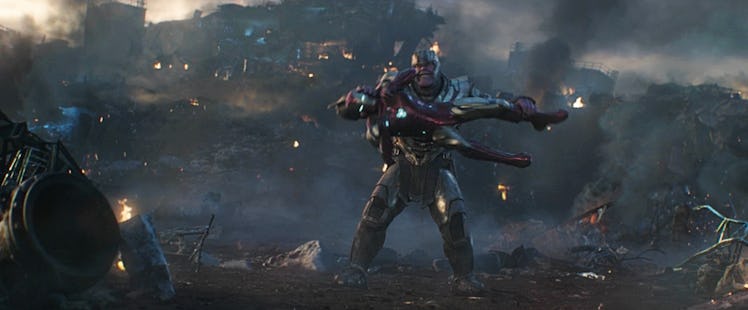Thanos (Josh Brolin) uses Iron Man (Robert Downey Jr.) as his own personal shield in Avengers: Endga...
