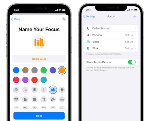 Screenshots of Apple's new Focus feature.