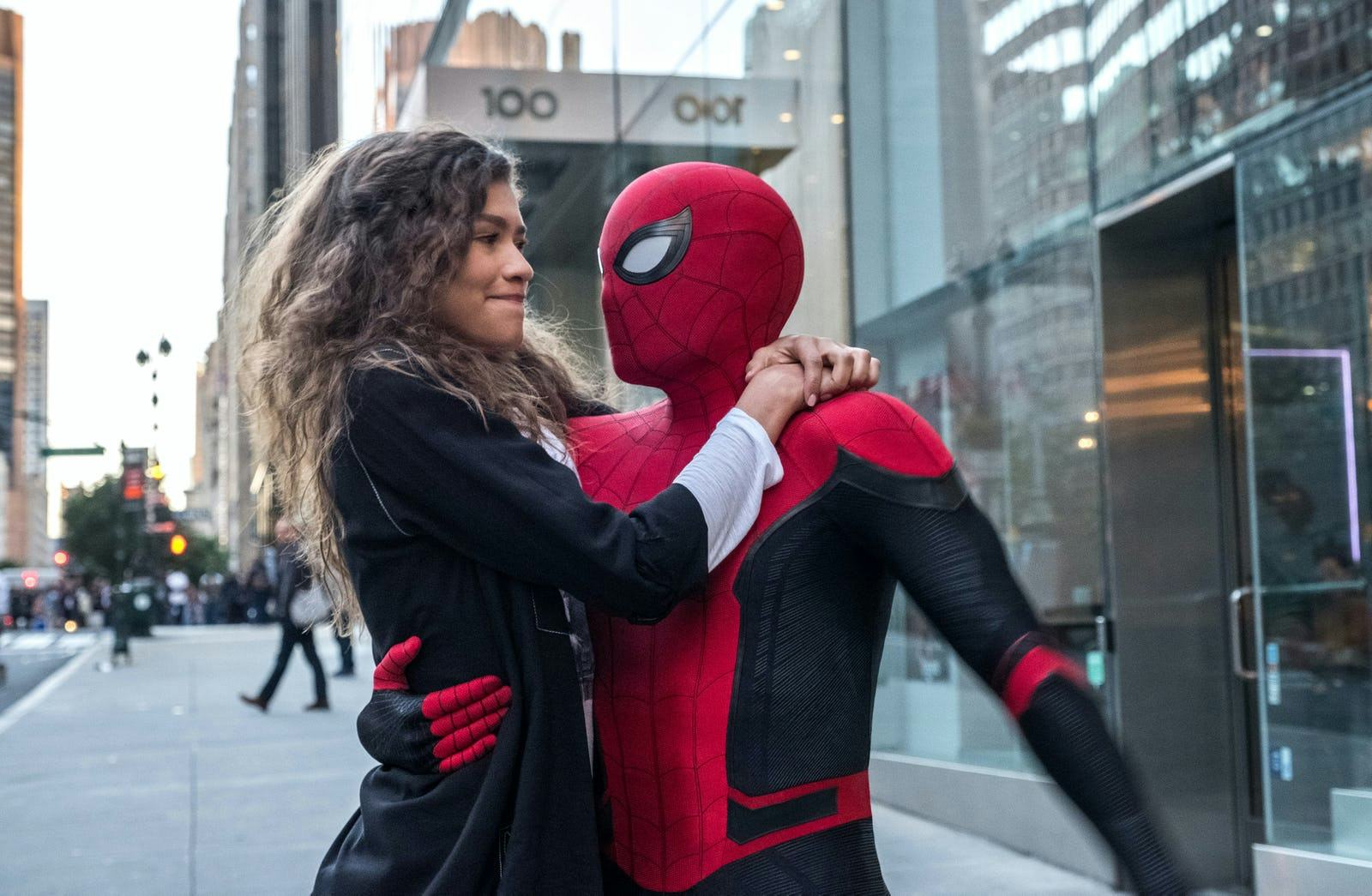 A still from 'Spider-Man: Far From Home' with Spider-Man holding on to MJ.