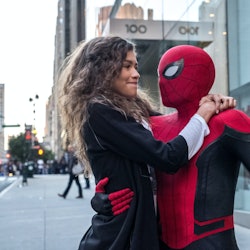 A still from 'Spider-Man: Far From Home' with Spider-Man holding on to MJ.