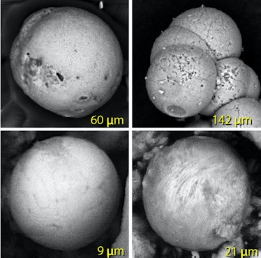 Spherules made of melted sand (upper left), palace plaster (upper right) and melted metal (bottom tw...
