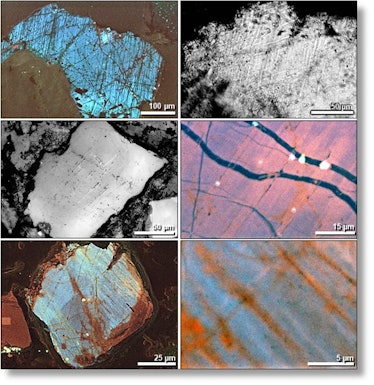 Electron microscope images of numerous small cracks in shocked quartz grains.
