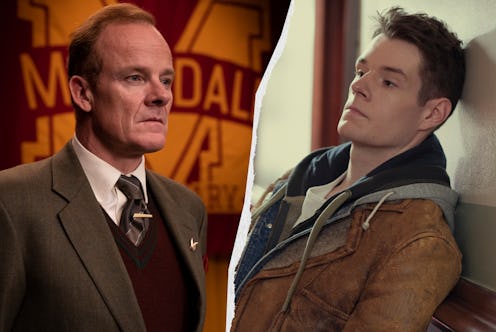 Alistair Petrie as Mr Groff wearing a suit against a backdrop of the Moordale High Logo (a large yel...