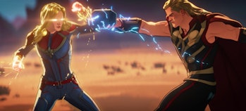 Captain Marvel (Brie Larson) and Thor (Chris Hemsworth) duking it out in What If...? Episode 7