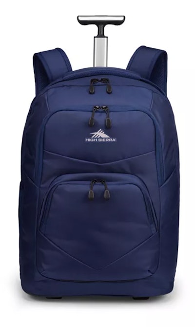 Image of a navy blue backpack that converts into a wheely suitcase. 