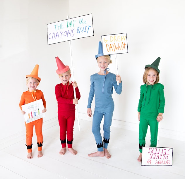 kids dresses as crayons for Halloween, modeled after the kids' book, The Day The Crayons Quit