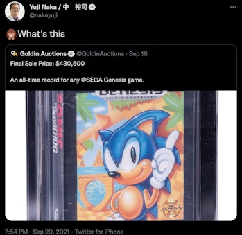 Yuji Naka Twitter screenshot for Sonic the Hedgehog auction price