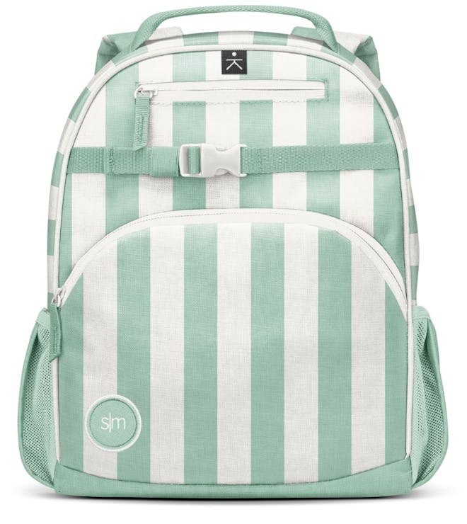 Image of a small kid's green-and-white striped backpack.