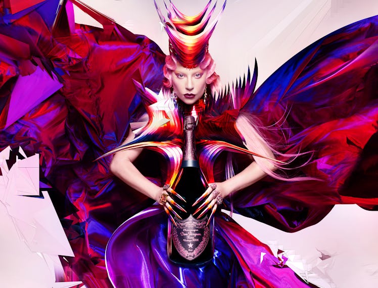 Lady Gaga with an illustrated crown and a purple and red gown holding a Dom Pérignon,