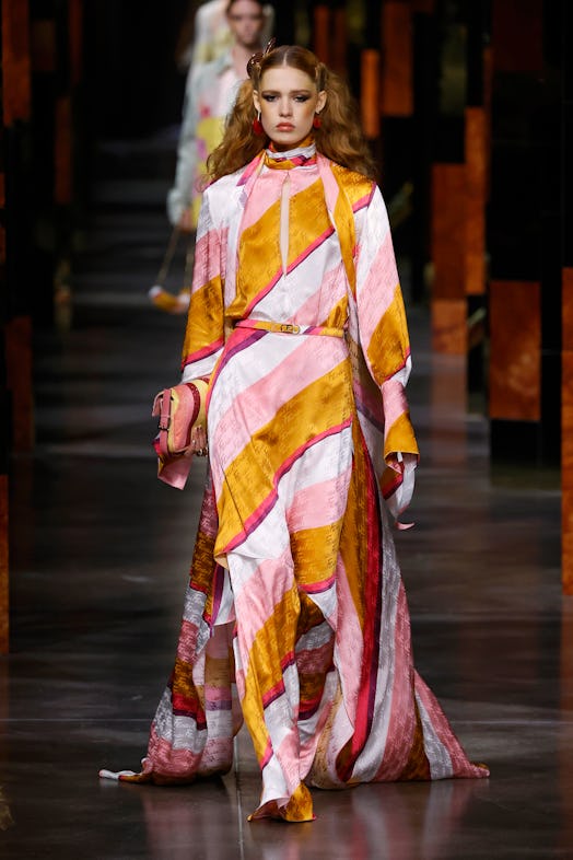A model walks the runway during the Fendi fashion show during Milan Women's Fashion Week Spring/Summ...