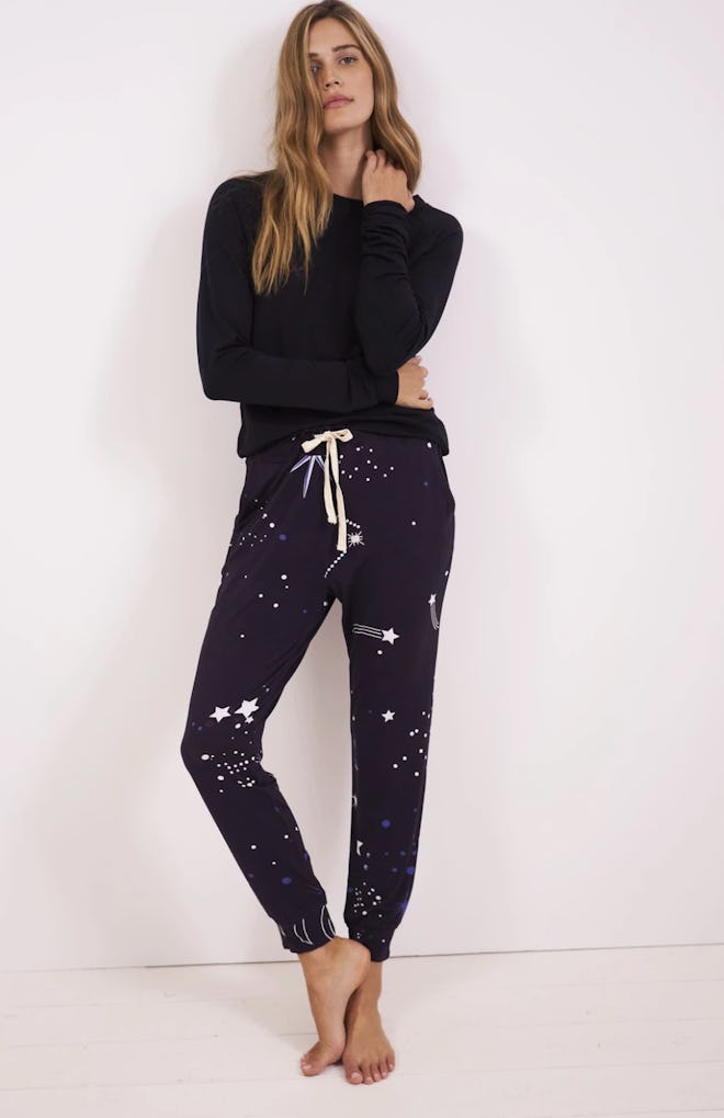 Black starry print lounge sweats from sustainable brand Stripe & Stare