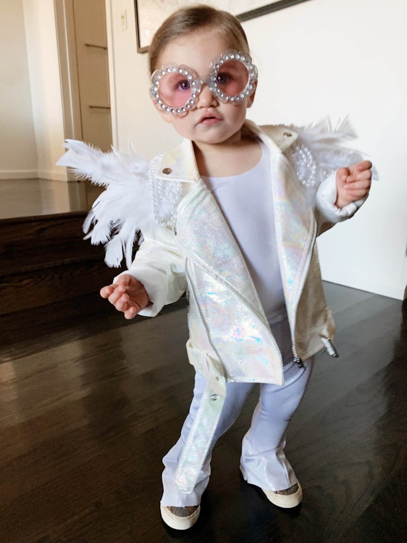 Toddler Halloween costume, all white outfit with white sueded jacket and fun sunglasses