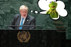 Boris Johnson standing at United Nations podium with a thought bubble of Kermit the Frog.