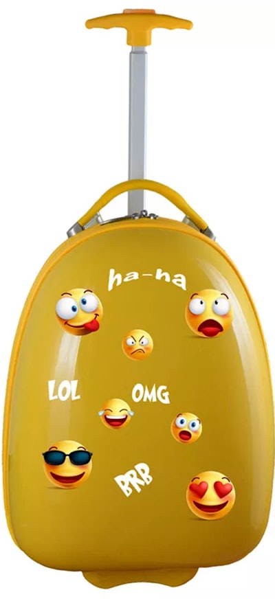 Image of a kid's yellow wheeled suitcase with emoji pattern.